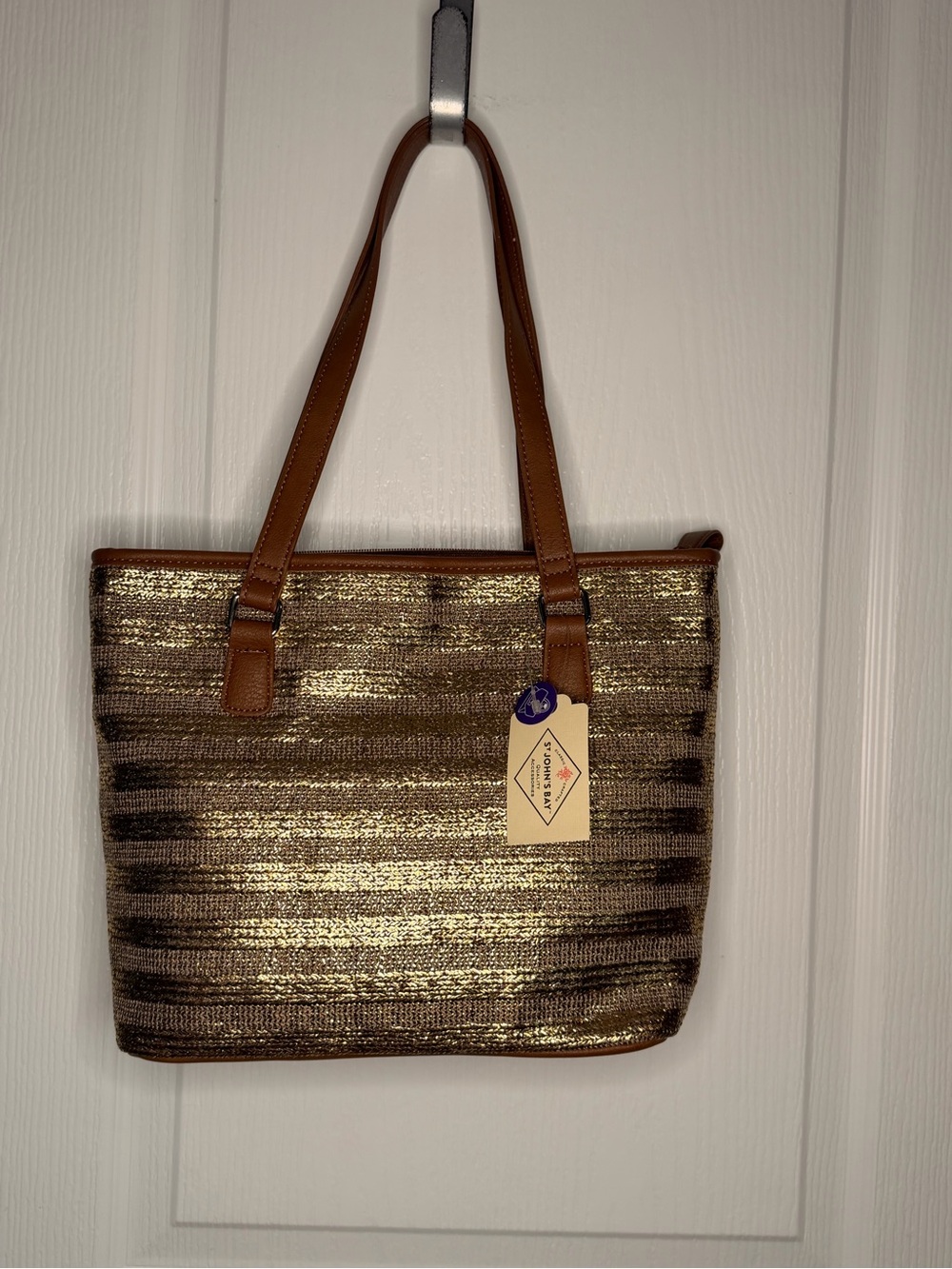 NWT St. John's Bay Gold and Brown Striped Shoulder Tote